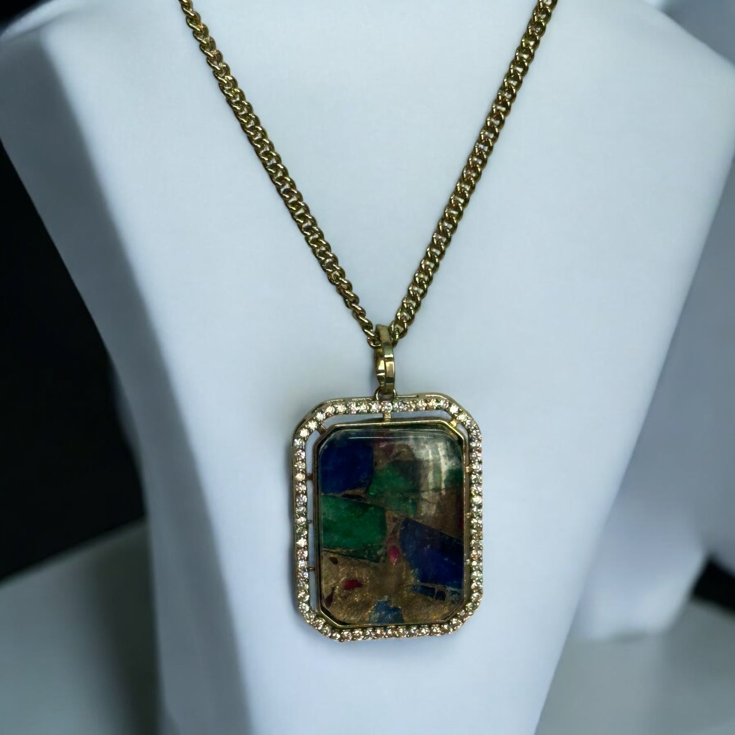 Doublet Multicolor Diamond Chain Pendant Set – rectangular multicolor stone pendant framed with diamond-like accents, paired with a sleek chain. Suitable for casual and formal occasions.