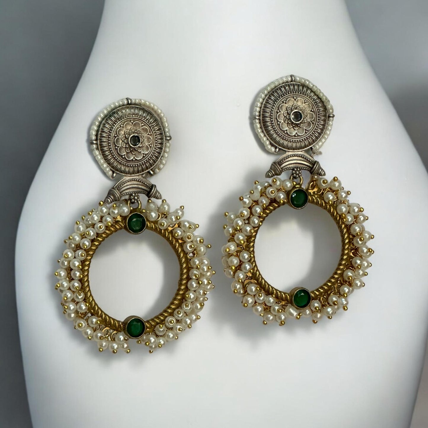 Handmade dual-tone Pachi Kundan earrings with pearl detailing and green stones β Bella & Diva