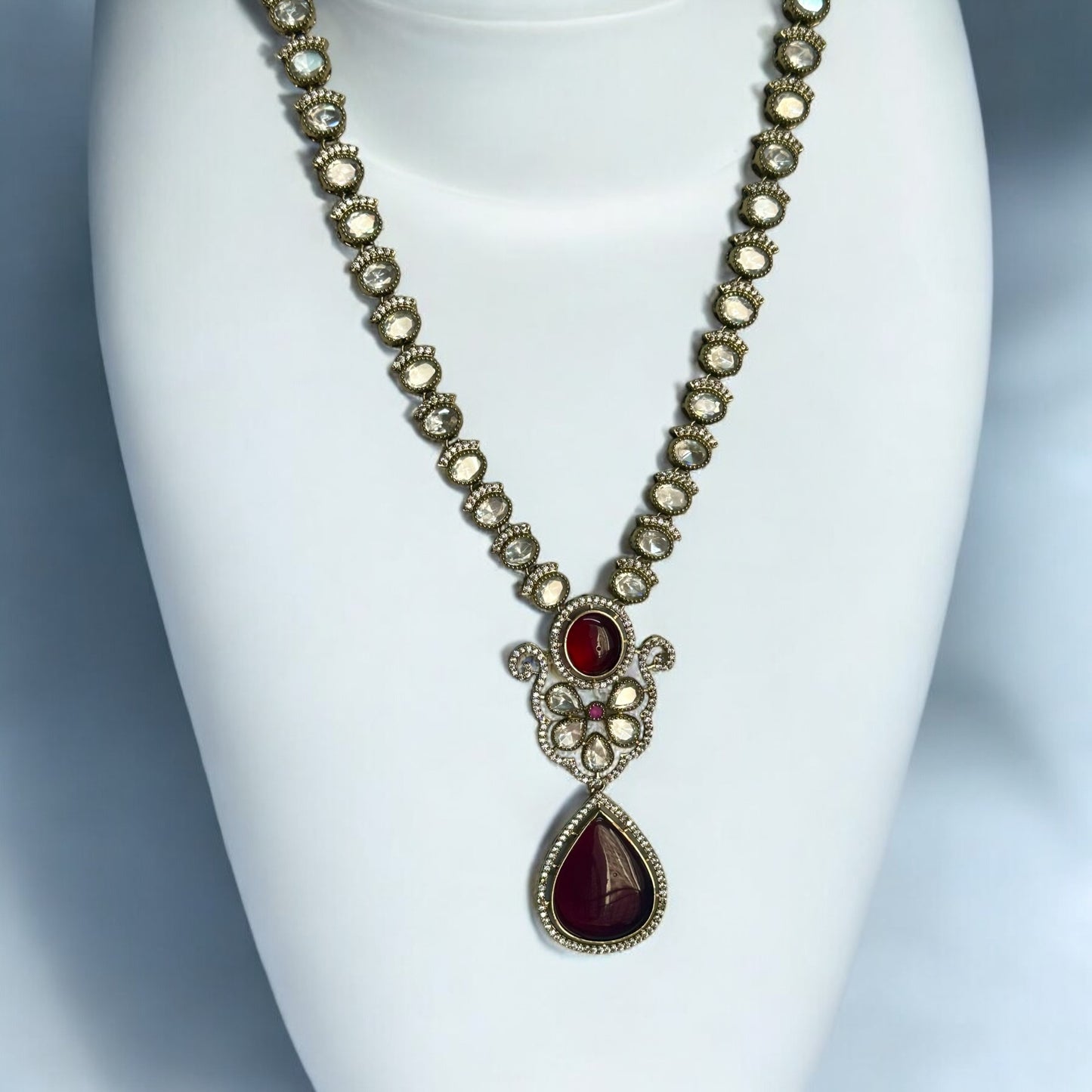 Premium Moissanite Red Kundan Necklace set featuring intricate detailing and rich red tones for a luxurious statement.