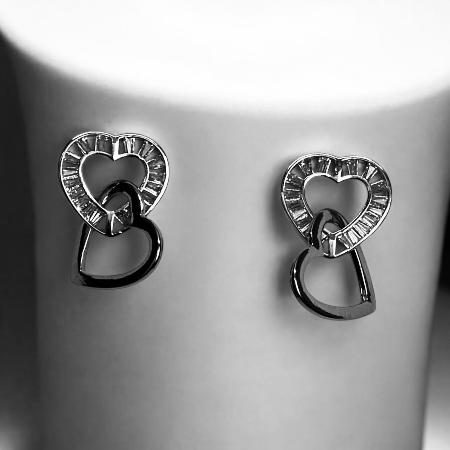 Regular Wear American Diamond Silver Heart Earrings – elegant silver-tone double-heart earrings with sparkling American diamonds, perfect for everyday wear and casual styling.