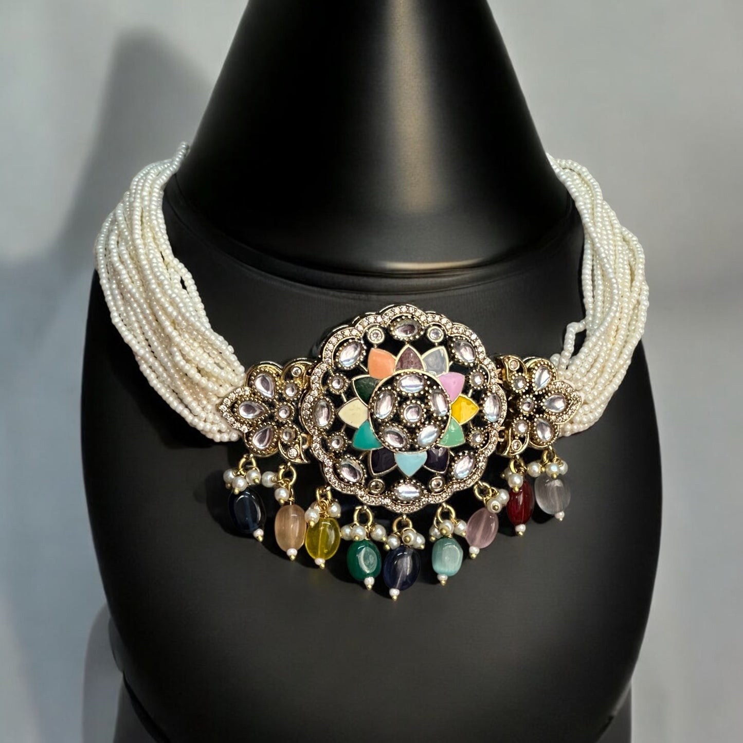 Moissanite Multi-Color Choker Necklace – floral centerpiece with multi-colored enamel, pearl strands, and colorful bead drops. Perfect for festive and cultural occasions.