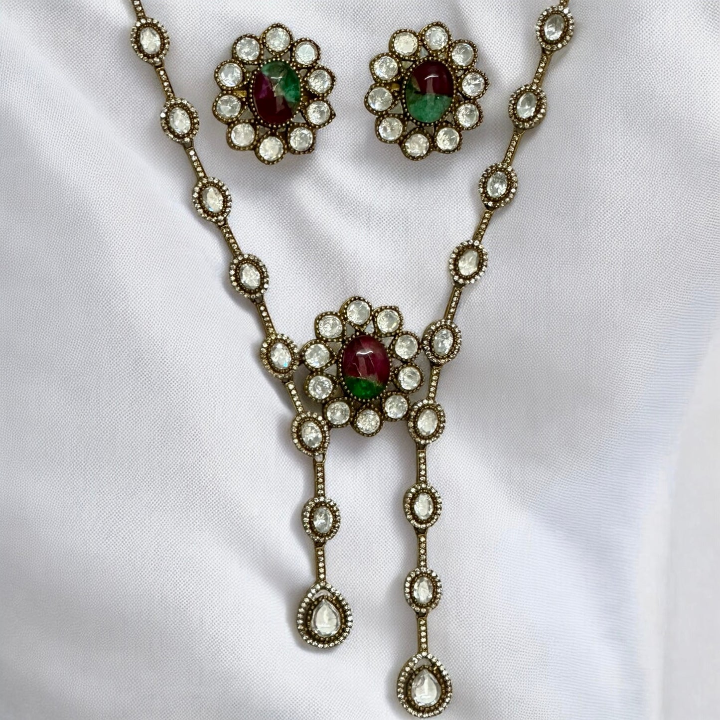 Premium Indian moissanite necklace with double marble stone & studs on white background