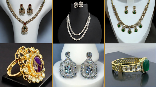 Collage of exquisite Kundan and American diamond jewellery pieces from Bella & Diva Ltd., showcasing unique designs including necklaces, earrings, bangles, and rings. Perfect for those seeking one-of-a-kind Indian designer jewellery in London.