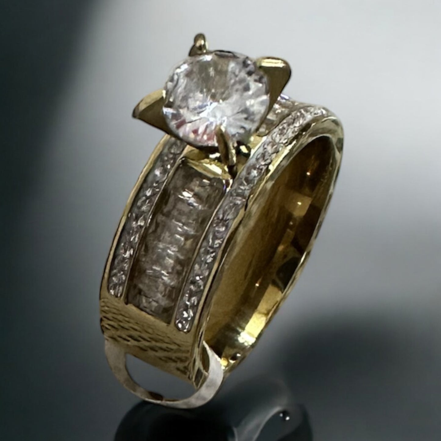 American Diamond Finger Ring with a big diamond piece in the centre on a grey and white background  side and top view