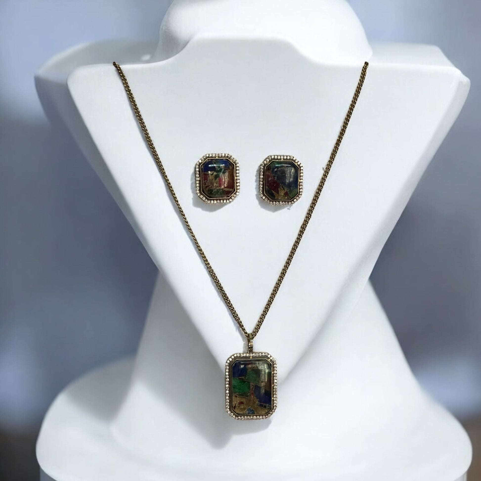 Doublet Multicolor Diamond Chain Pendant Set with Earrings – rectangular multicolor stone pendant and matching earrings framed with diamond-like accents, paired with a sleek chain. Suitable for casual and formal occasions.