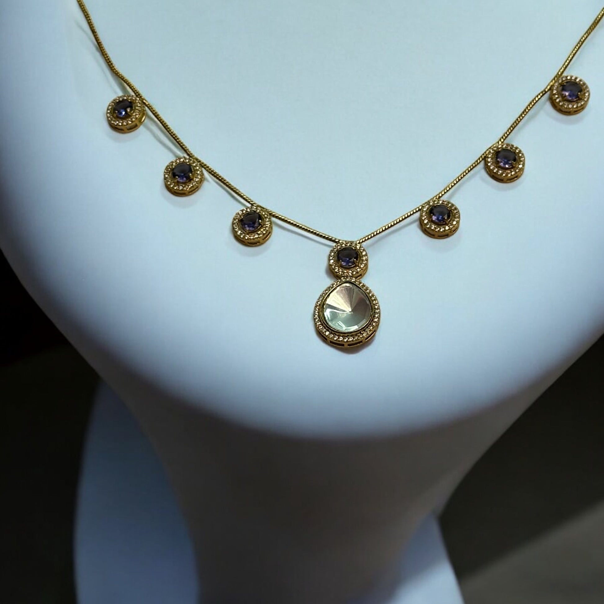 Beautiful Polki Kundan Chain Necklace in Purple Colour – elegant gold-tone chain necklace adorned with purple stones and polki kundan detailing. A perfect set for weddings, festive wear, and special occasions.