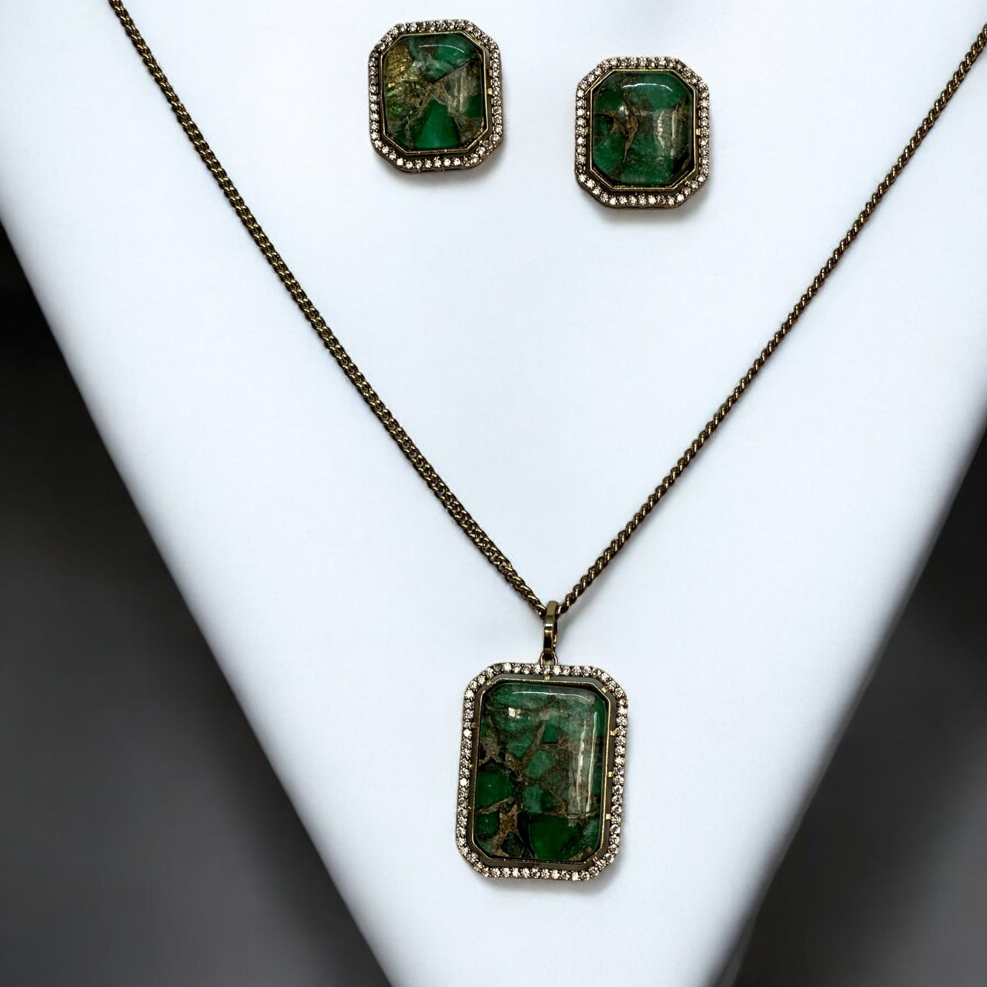 Beautiful Doublet Green Diamond Chain Pendant Set with Earrings – gold-tone pendant set featuring a rectangular green doublet stone framed with shimmering diamonds. Perfect for formal and festive occasions.