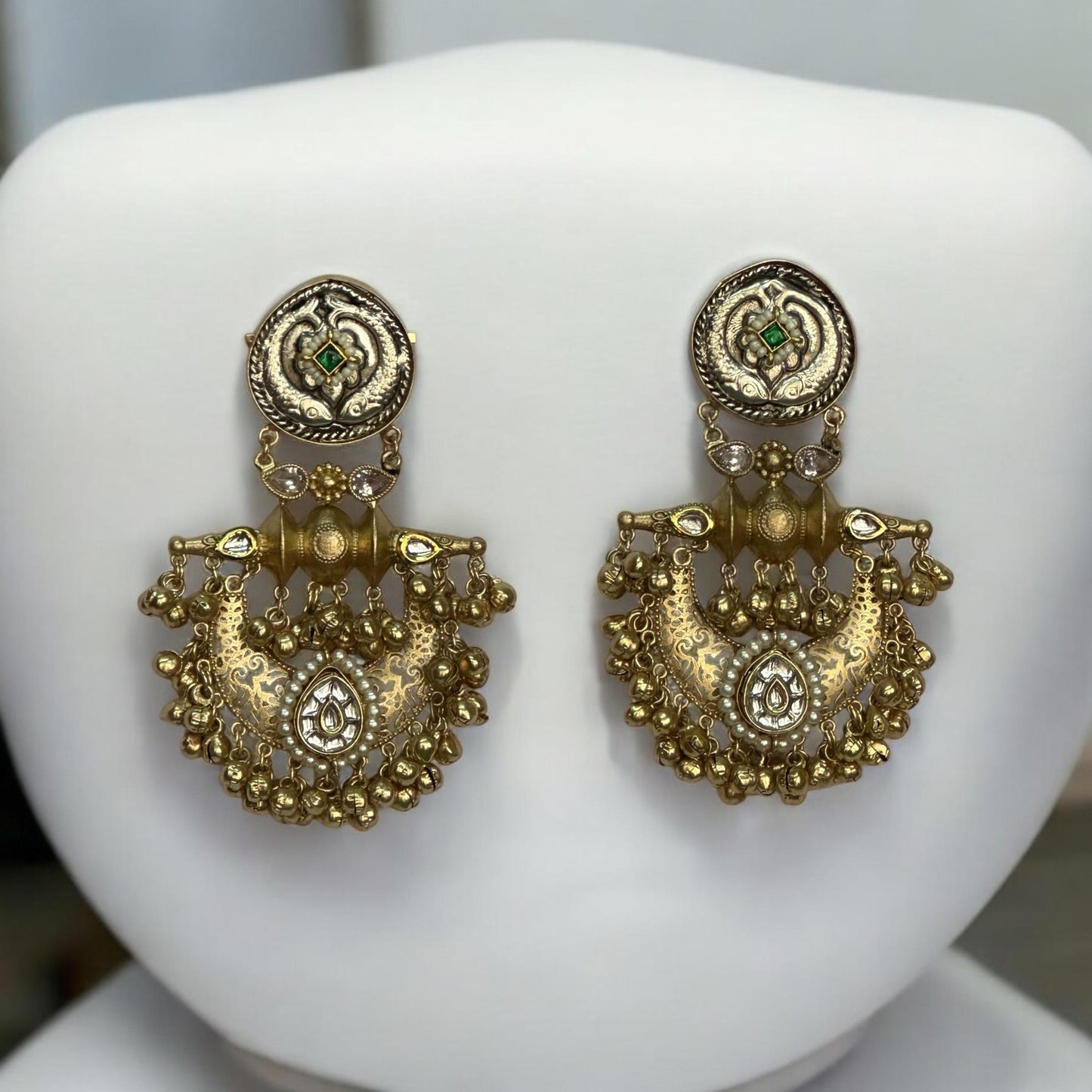 Traditional gold-toned Pachi Kundan earrings with intricate detailing and Apala polish – designer Indian statement earrings.