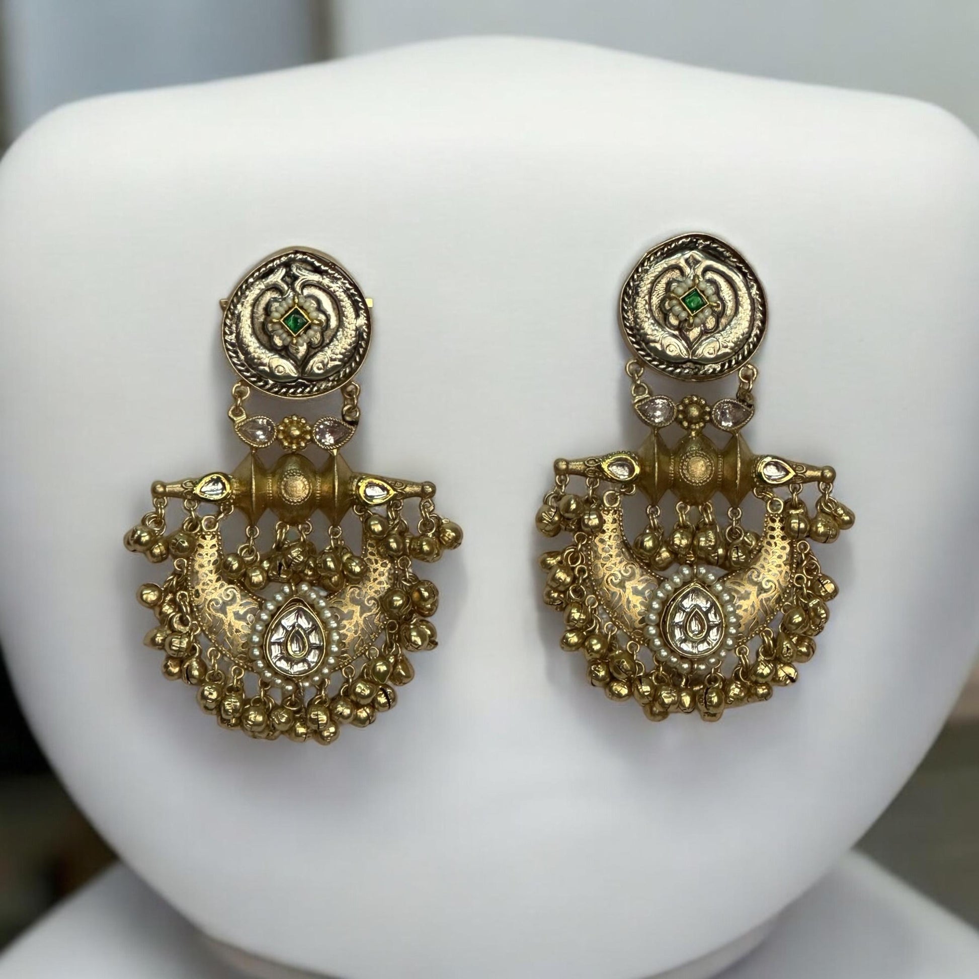 Traditional gold-toned Pachi Kundan earrings with intricate detailing and Apala polish – designer Indian statement earrings.