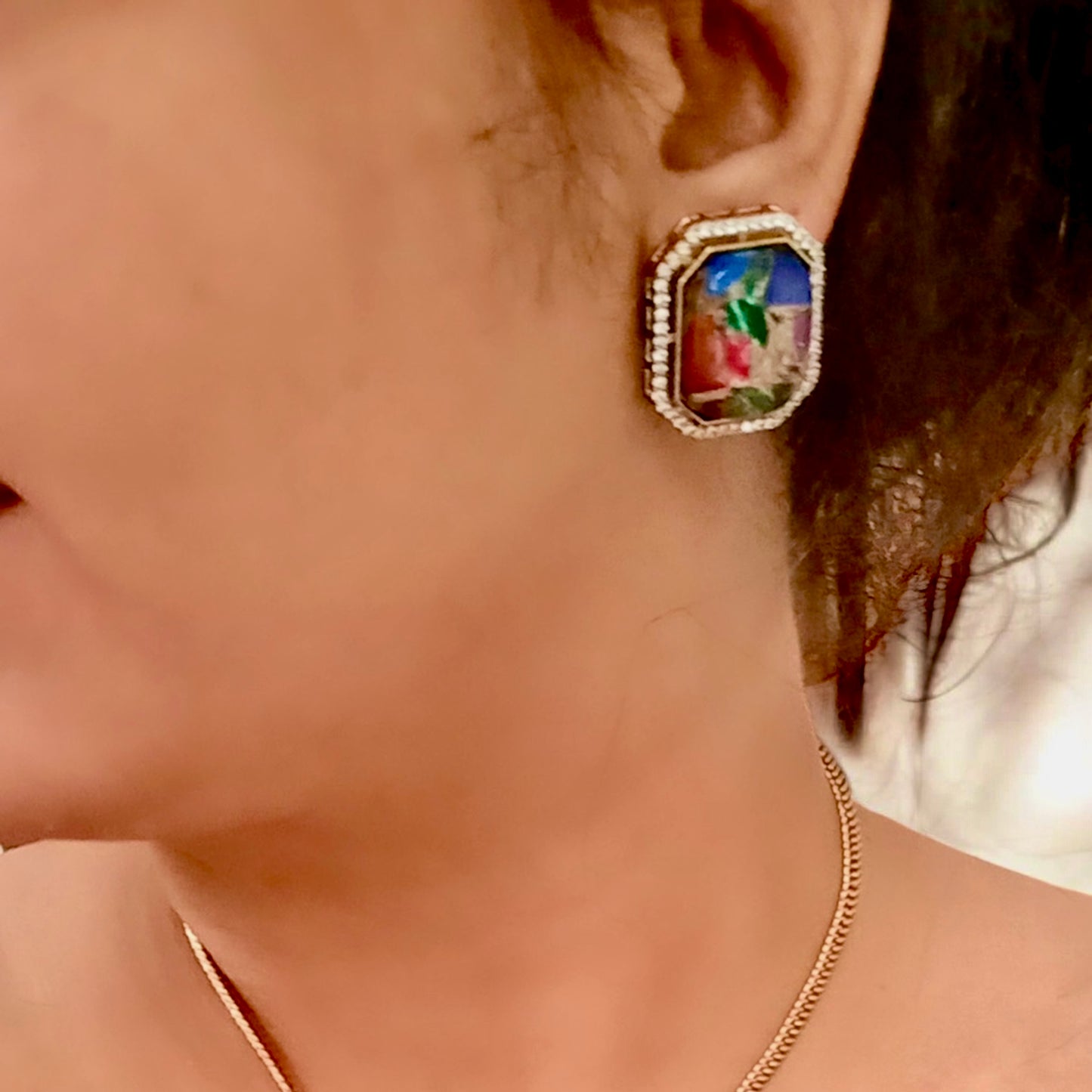 Doublet Multicolor Diamond Chain Pendant Set with Earrings