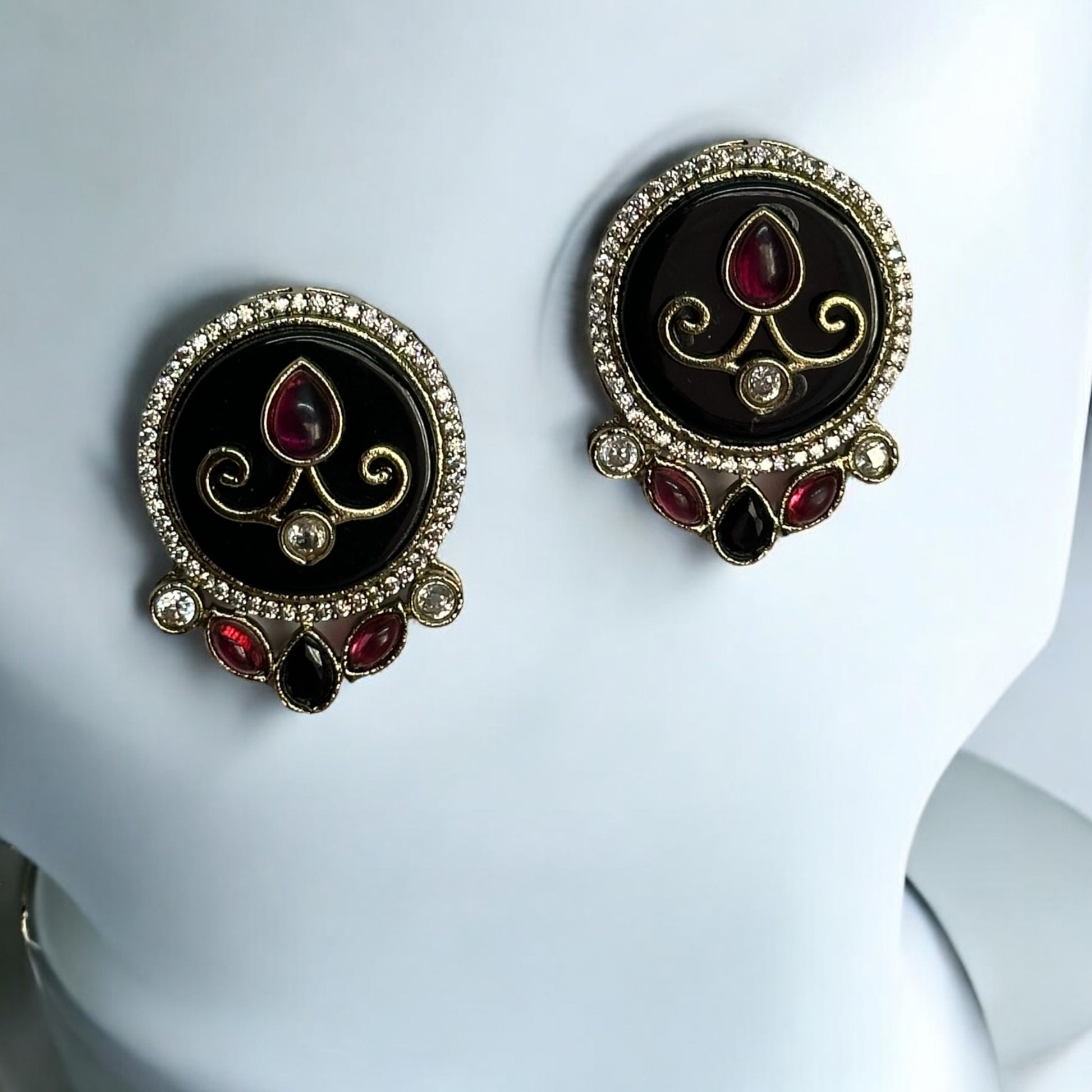 Amrapali-style long necklace sets' matching earrings with intricate black, red, and green accents in a fusion-inspired design.