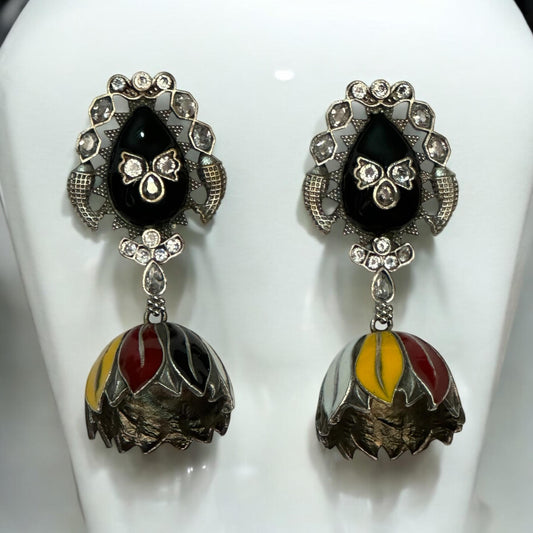 Multi-colour handprint silver replica jhumki earrings featuring black, red, yellow and white enamel – designer jewellery by Bella & Diva.