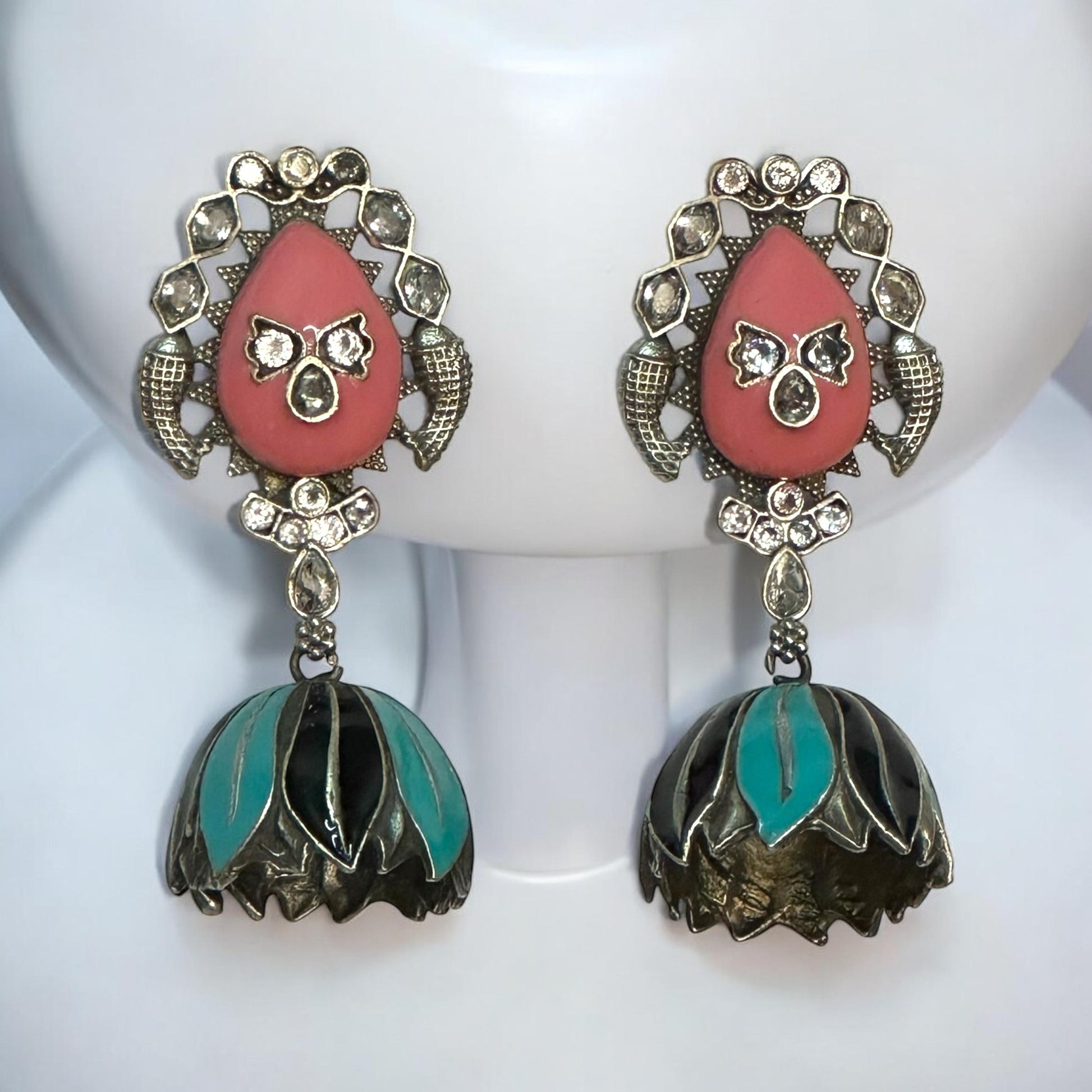 Handprint peach and sky blue silver replica jhumka earrings with teardrop studs and crystal accents – Bella & Diva imitation jewellery.