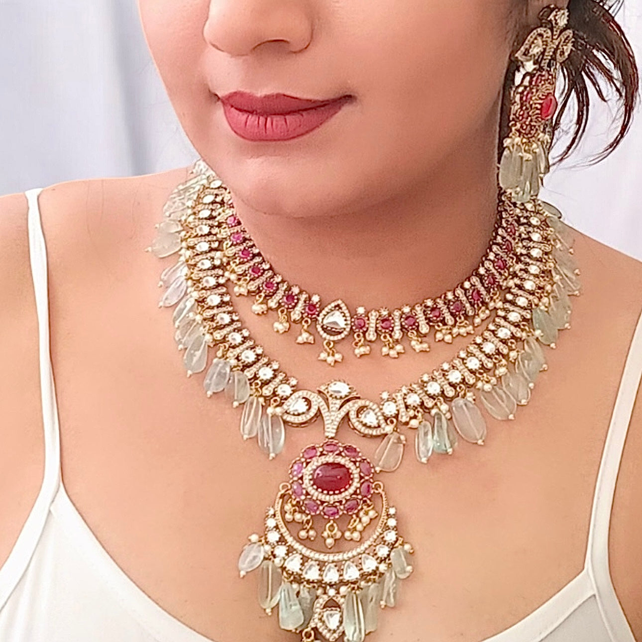 Royal Moissanite Polki Necklace Set Rani Haar