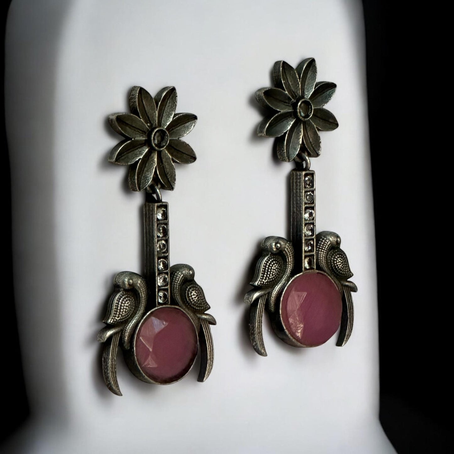 Antique Silver Replica Earrings with Pink Stone and Bird Motif – handcrafted Indian designer jewellery for women in UK
