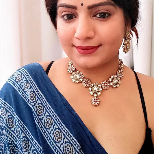 A Model displaying Elegant Kundan necklace set featuring intricate floral designs in pink and gold tones, paired with matching earrings. These are perfect for traditional and festive occasions.