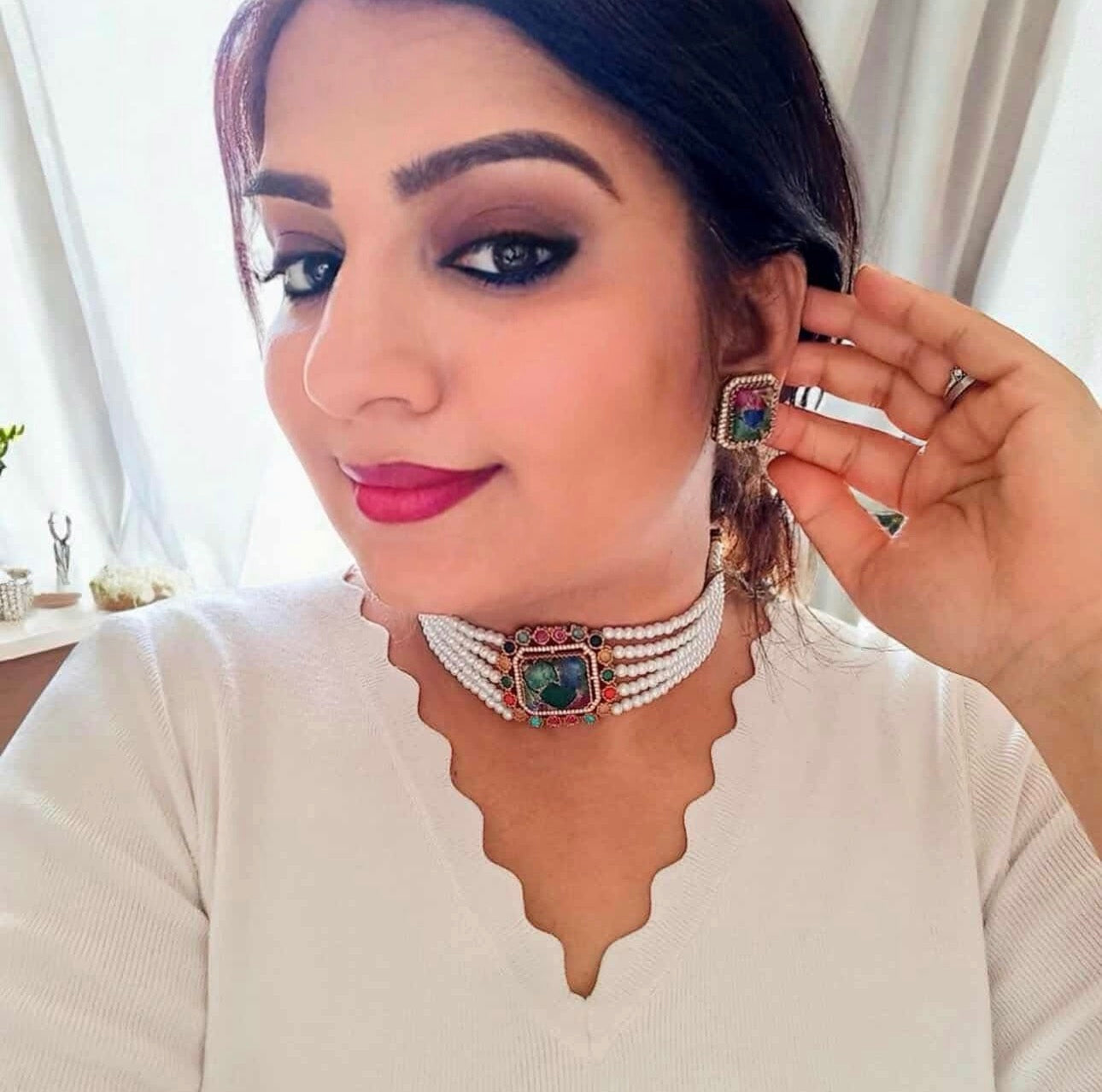 Woman wearing Premium Doublet Multi Colour Stone Choker Set with White Pearl Beads – Indian designer jewellery for festive and wedding wear in UK