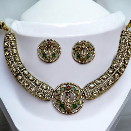 Premium Hasli Kundan Necklace and Earrings with a peacock design, Placed on a white coloured jewellery display stand.