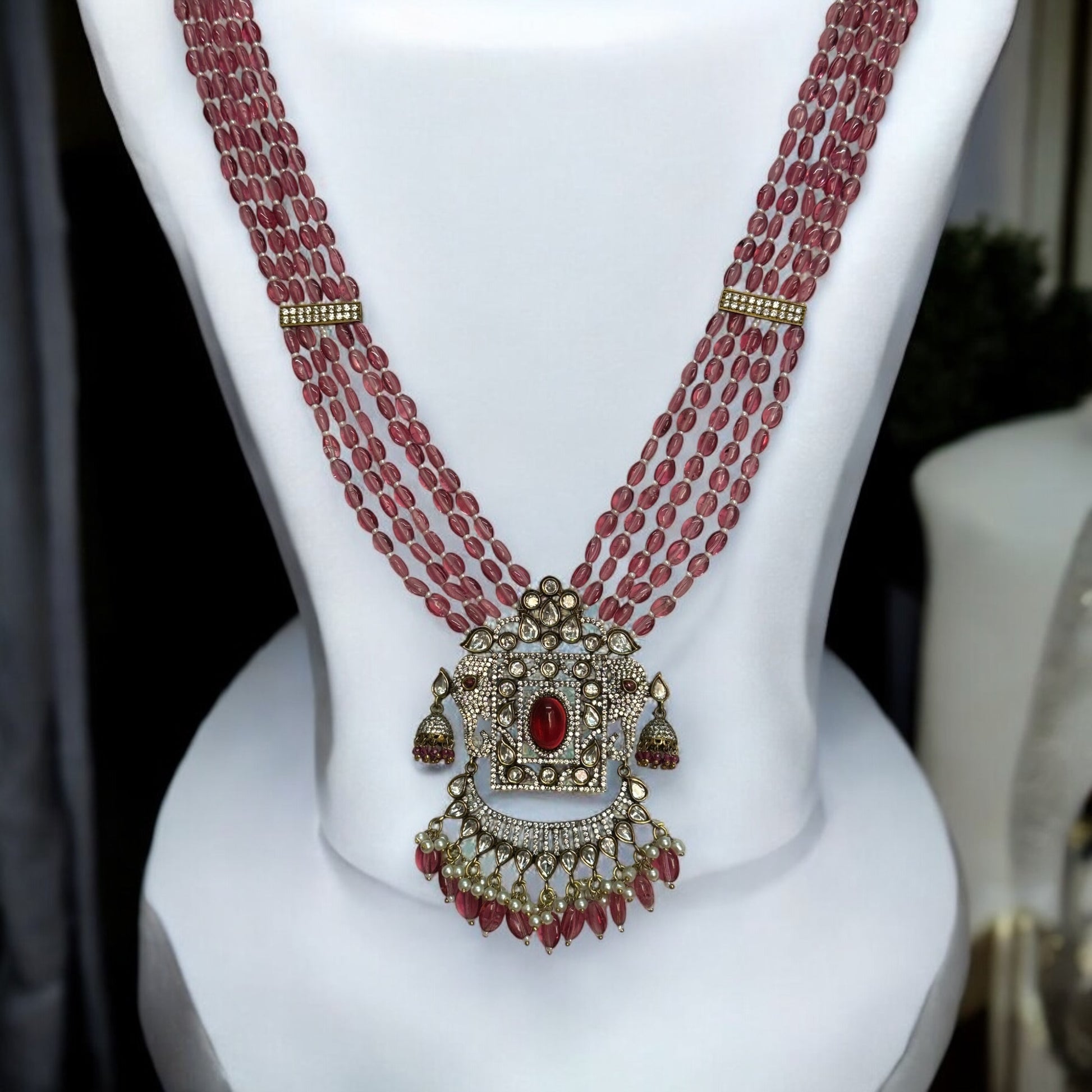 Premium Long Polki Kundan Rani Haar with Earrings – Traditional Indian multi-layered necklace set featuring intricate polki kundan work and deep red stone detailing. Perfect for weddings, festive occasions, and ethnic attire.