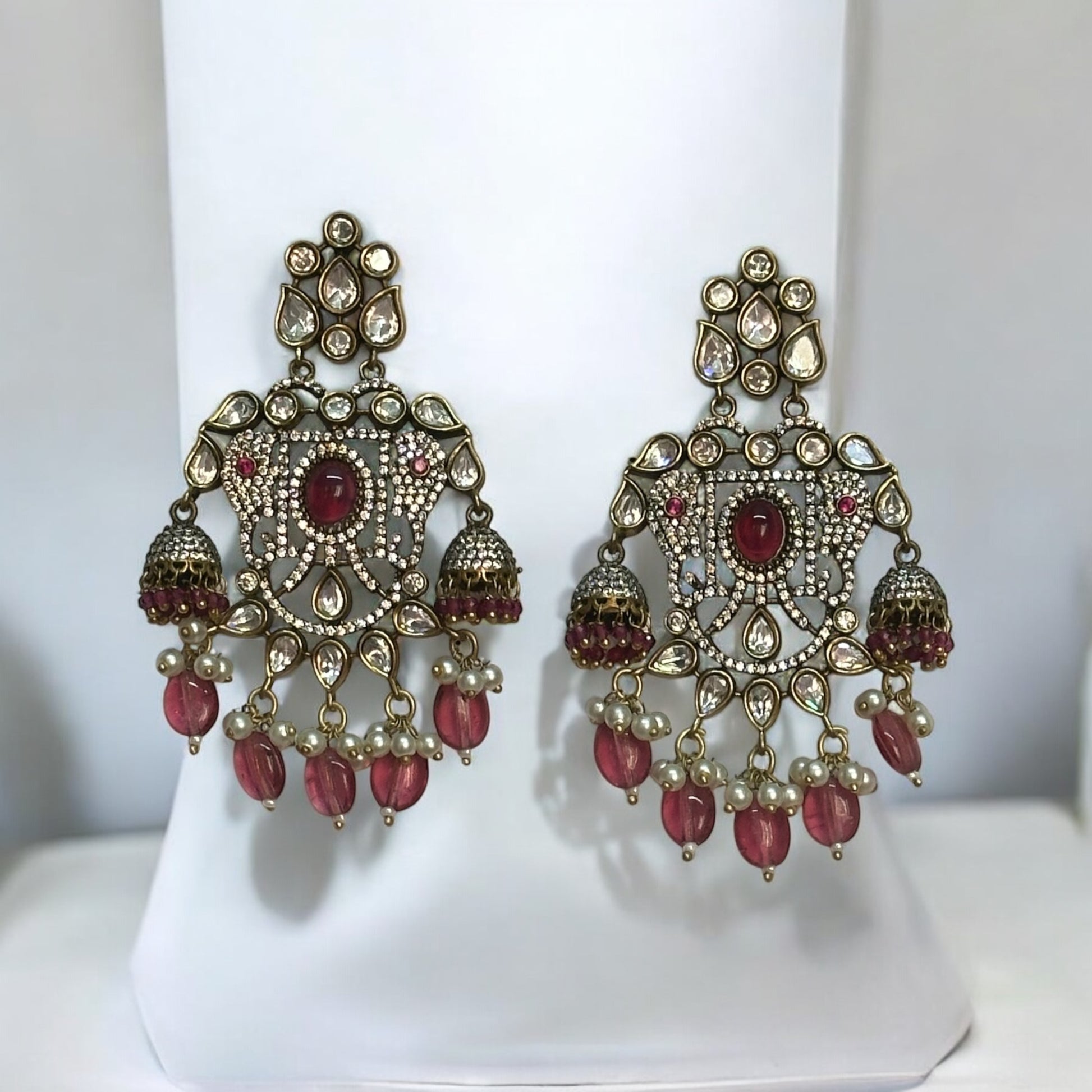 Premium Long Polki Kundan Rani Haar's matching Earrings – Traditional Indian multi-layered necklace set's matching statement earrings, perfect for weddings, festive occasions, and ethnic attire.