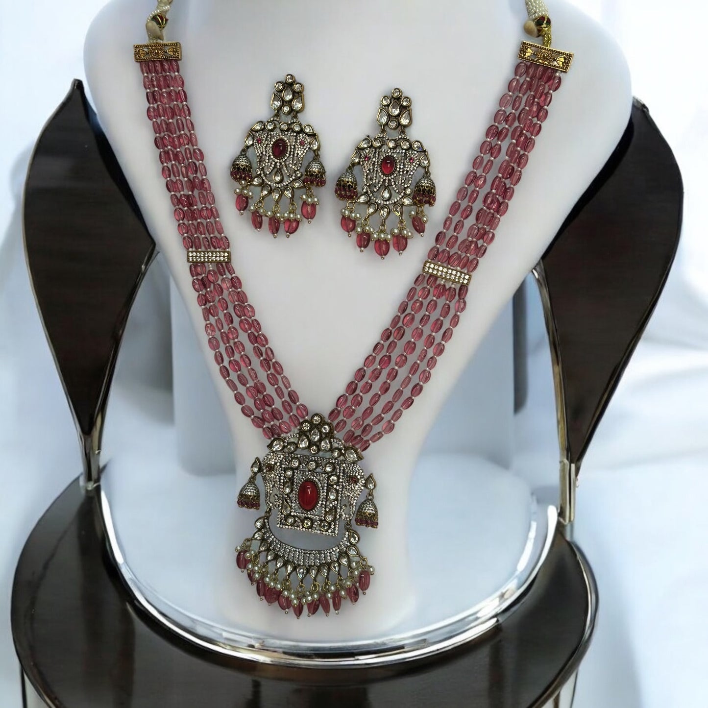 Premium Long Polki Kundan Rani Haar with Earrings – Traditional Indian multi-layered necklace set featuring intricate polki kundan work and deep red stone detailing. Includes matching statement earrings, perfect for weddings, festive occasions, and ethnic attire.