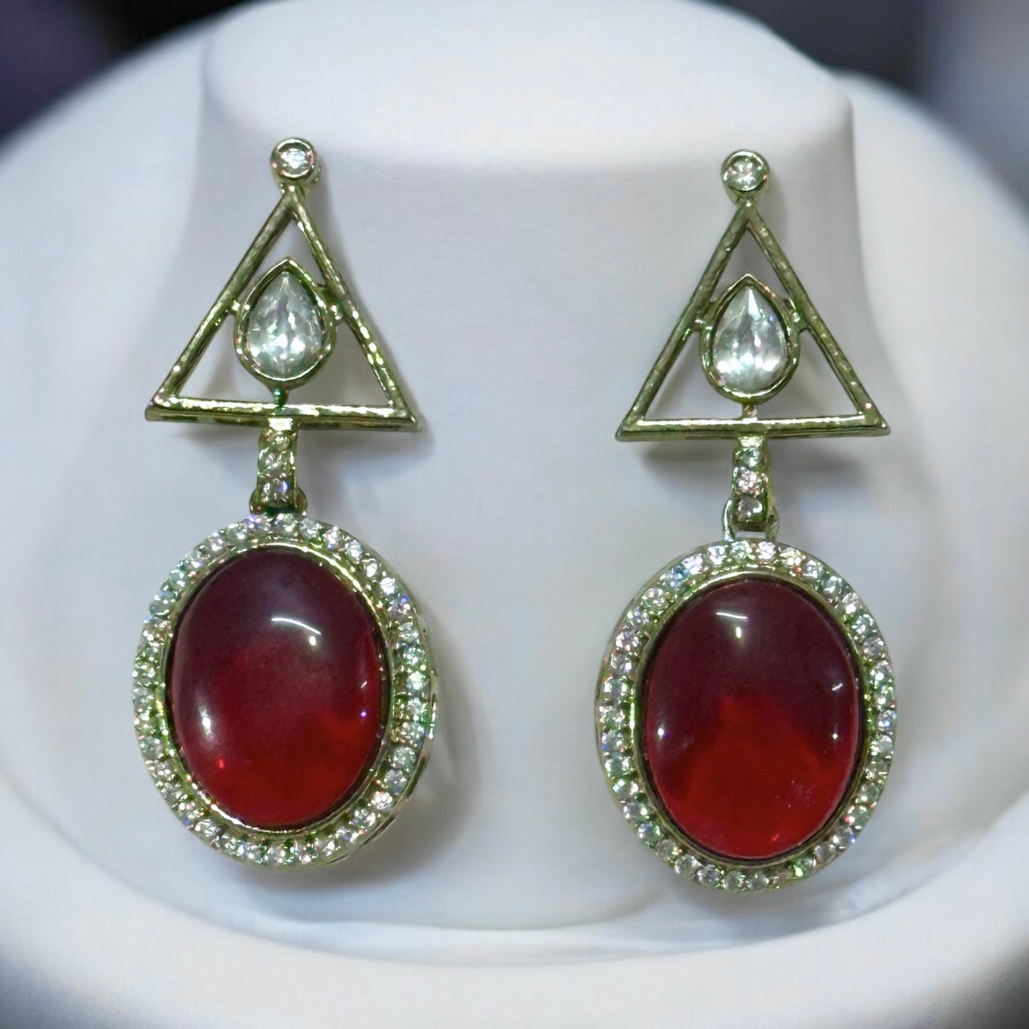 Premium_Moissanite_Diamond_Multicolour_Necklace_set's_earrings placed on a white jewellery display stand.