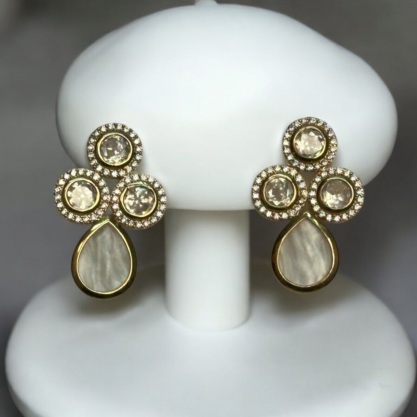 Premium Real Mother of Pearl  Earrings – elegant gold-tone  featuring real mother-of-pearl teardrop and polki kundan accents earrings. Perfect for weddings and festive wear.