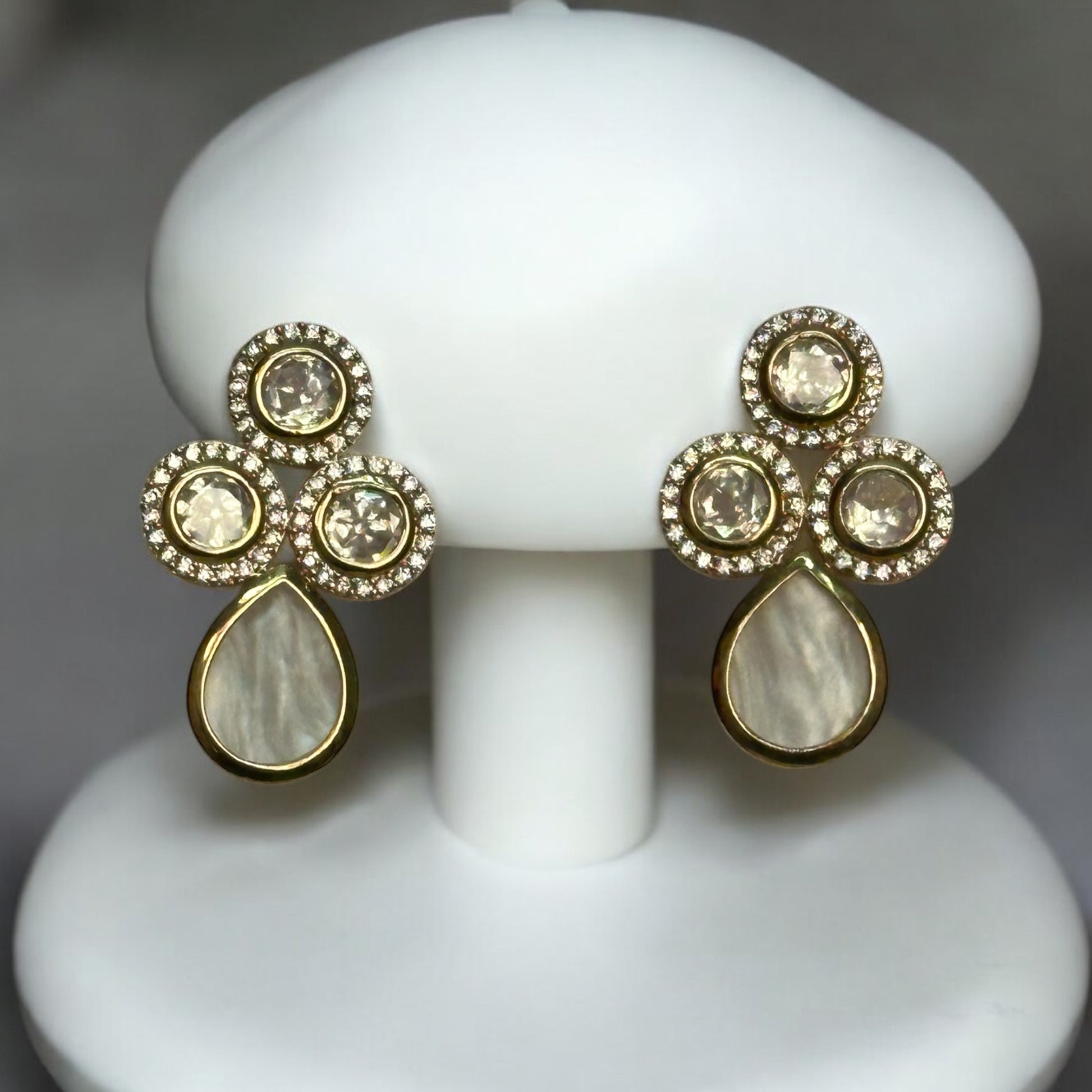 Premium Real Mother of Pearl  Earrings – elegant gold-tone  featuring real mother-of-pearl teardrop and polki kundan accents earrings. Perfect for weddings and festive wear.