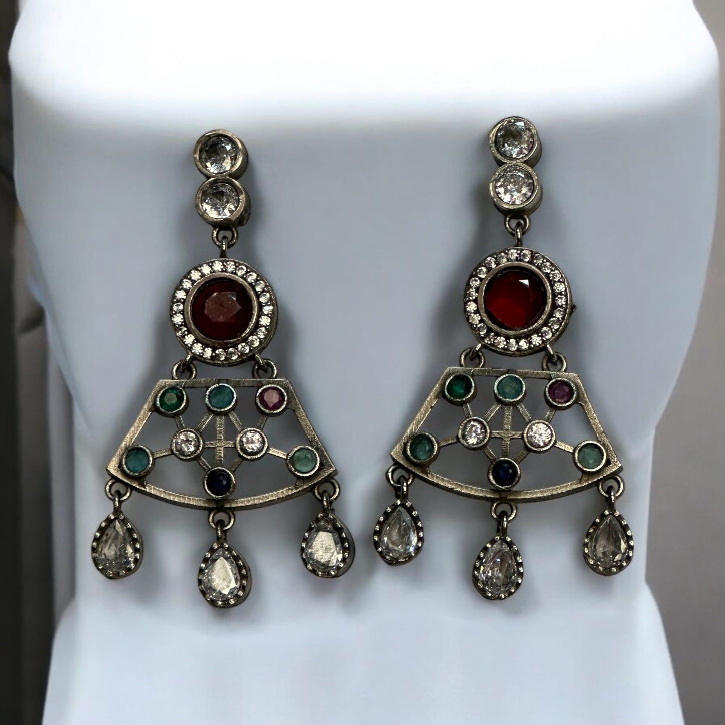 Premium Silver Look-Alike Multicolor Statement Necklace Sets' Earrings – intricately designed silver-tone with vibrant multicolor stones. Perfect for festive and cultural occasions.