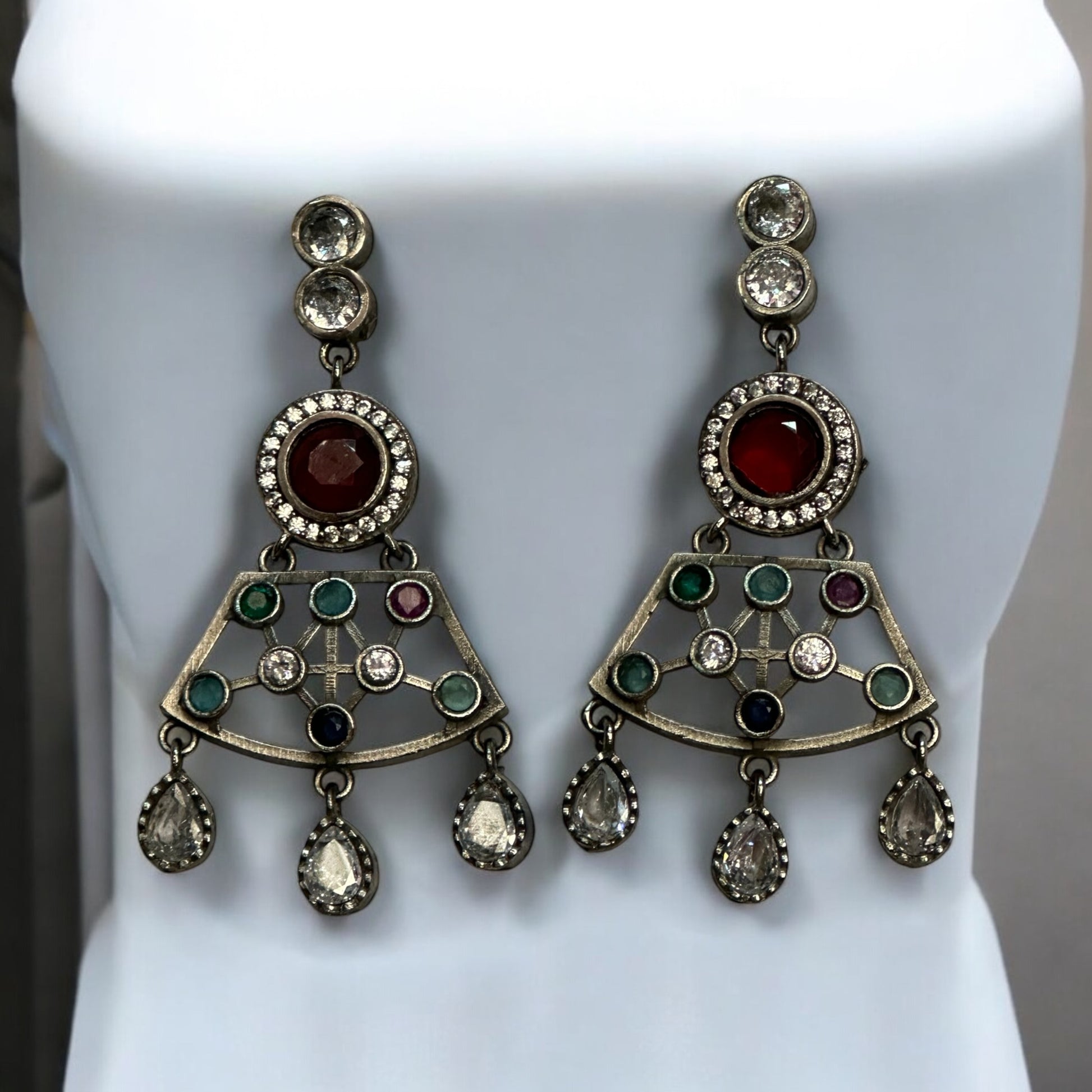Premium Silver Look-Alike Multicolor Statement Necklace Sets' Earrings – intricately designed silver-tone with vibrant multicolor stones. Perfect for festive and cultural occasions.