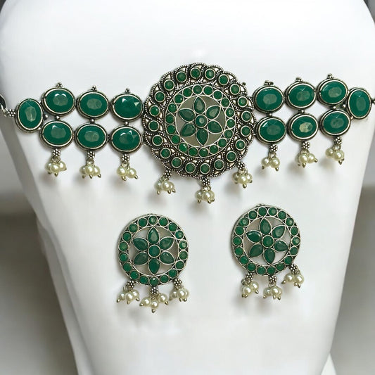 Silver Replica Choker Necklace Set in green color featuring a central circular design with floral patterns, oval green stone embellishments, and dangling pearl accents, displayed on a white bust.