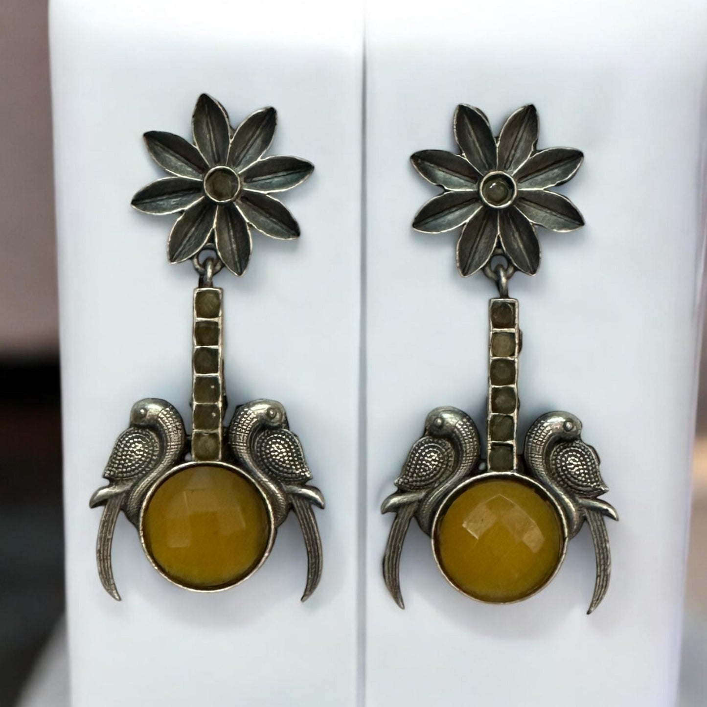 Antique Silver Replica Earrings with Yellow Stone and Bird Motif – handcrafted Indian designer jewellery for women in UK