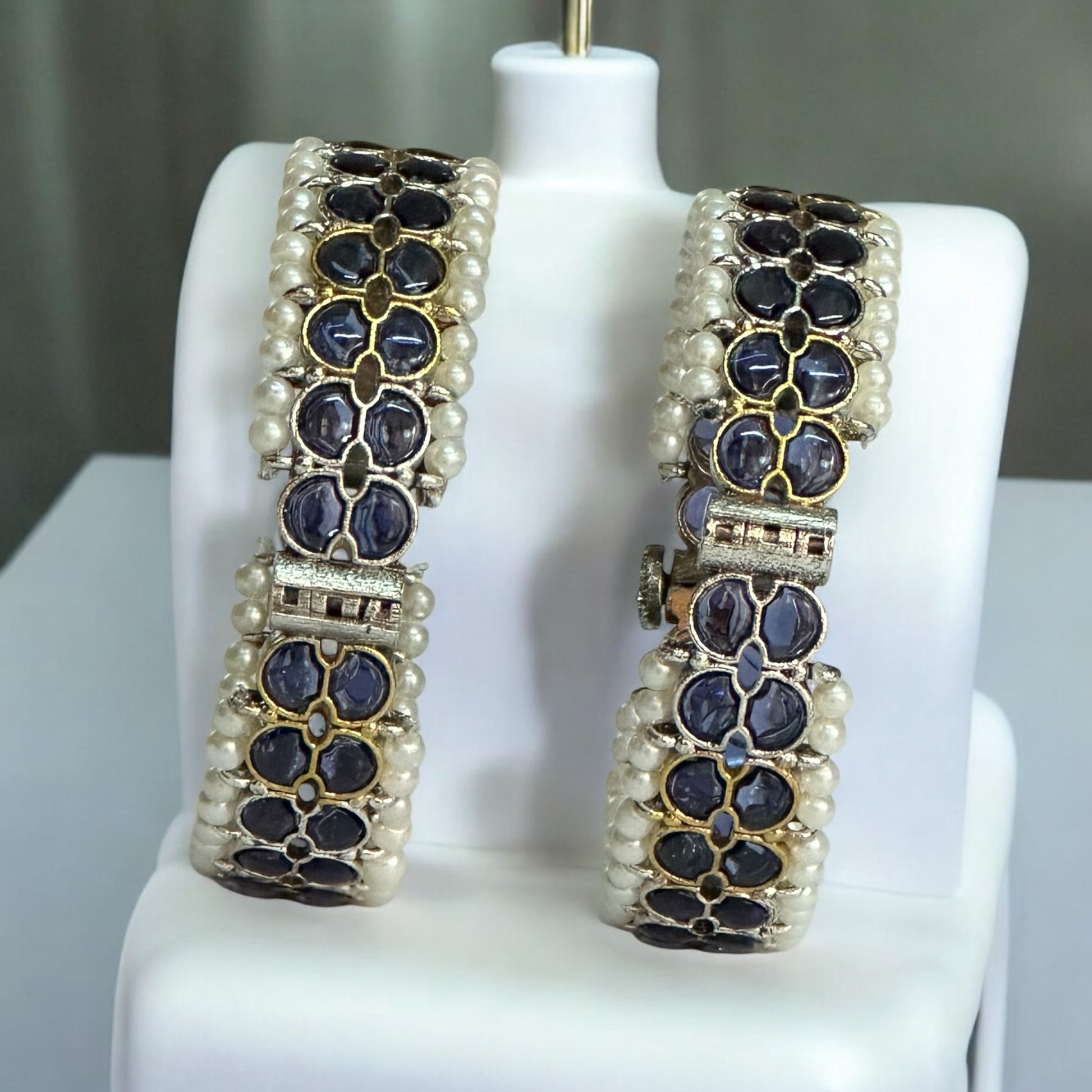 Silver Replica Purple Bangles adorned with white pearls and intricate design, perfect for elegant occasions.