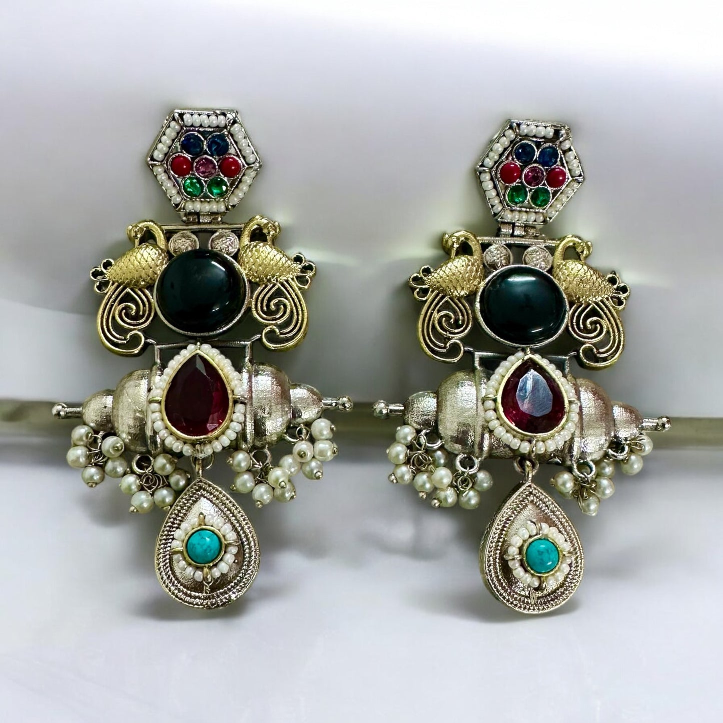 Statement Jadau Kundan Handmade earrings in Dual tone on a white background