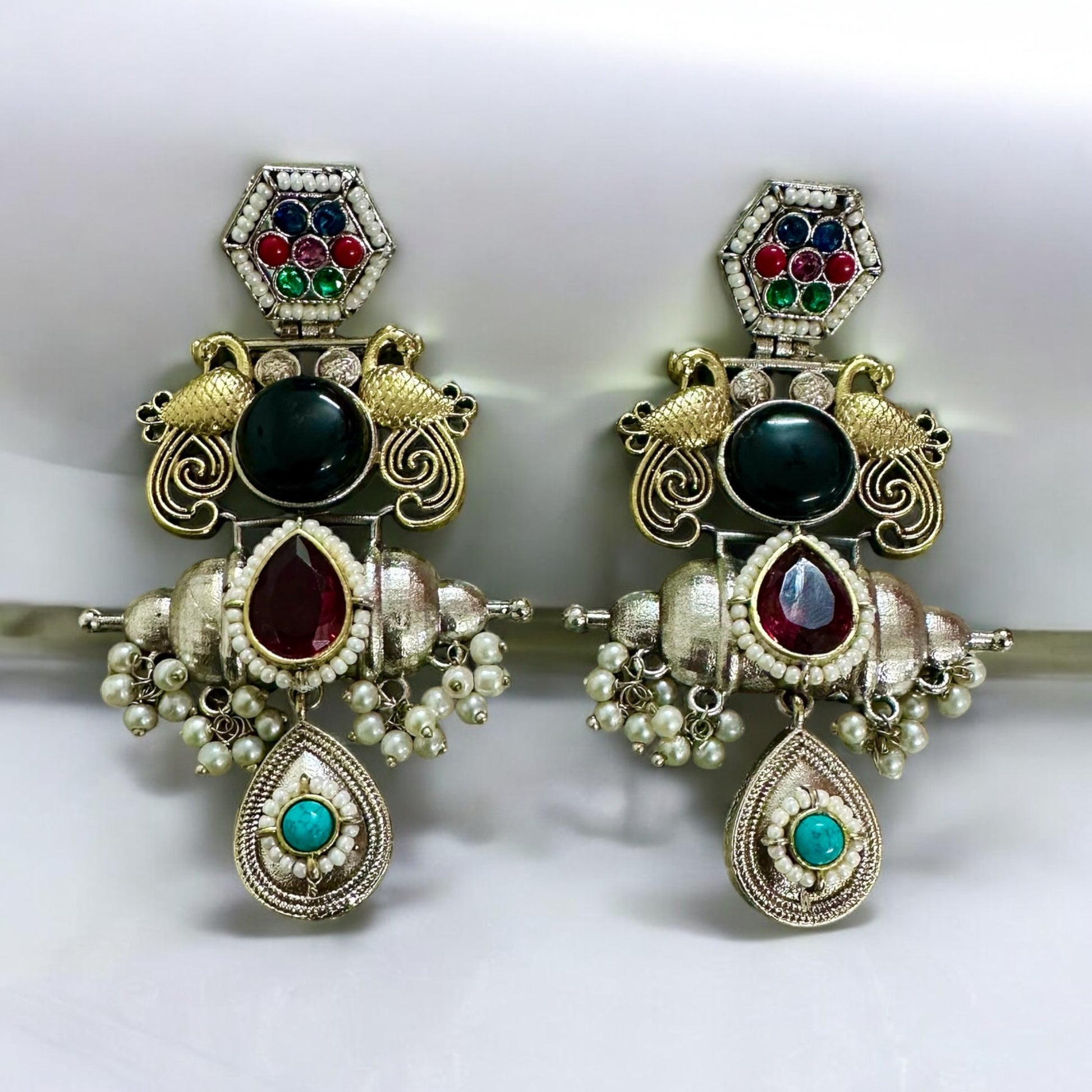 Statement Jadau Kundan Handmade earrings in Dual tone on a white background