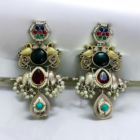Statement Jadau Kundan Handmade earrings in Dual tone on a white background