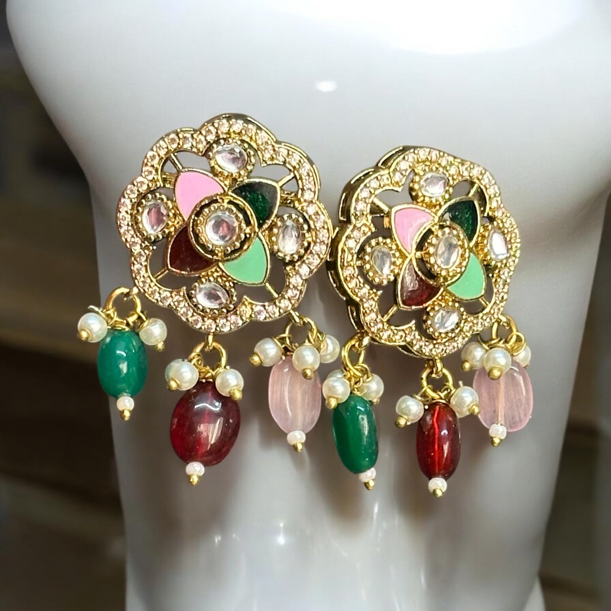 Moissanite Multi-Color Choker  Earrings – floral centerpiece with multi-colored enamel, pearl strands, and colorful bead drops. Perfect for festive and cultural occasions.