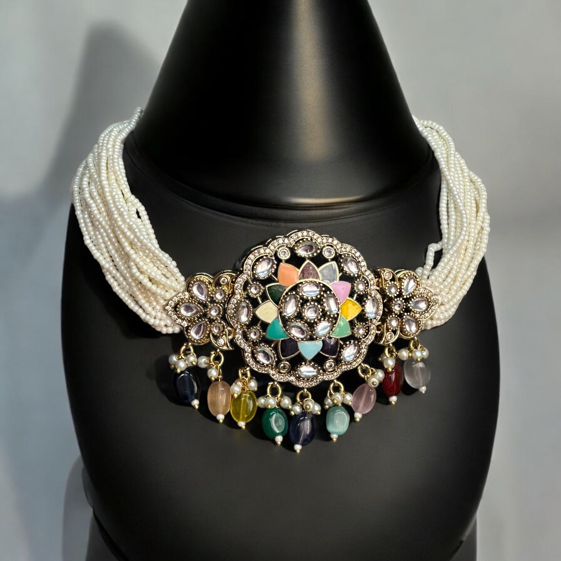 Moissanite Multi-Color Choker Necklace  – floral centerpiece with multi-colored enamel, pearl strands, and colorful bead drops. Perfect for festive and cultural occasions.