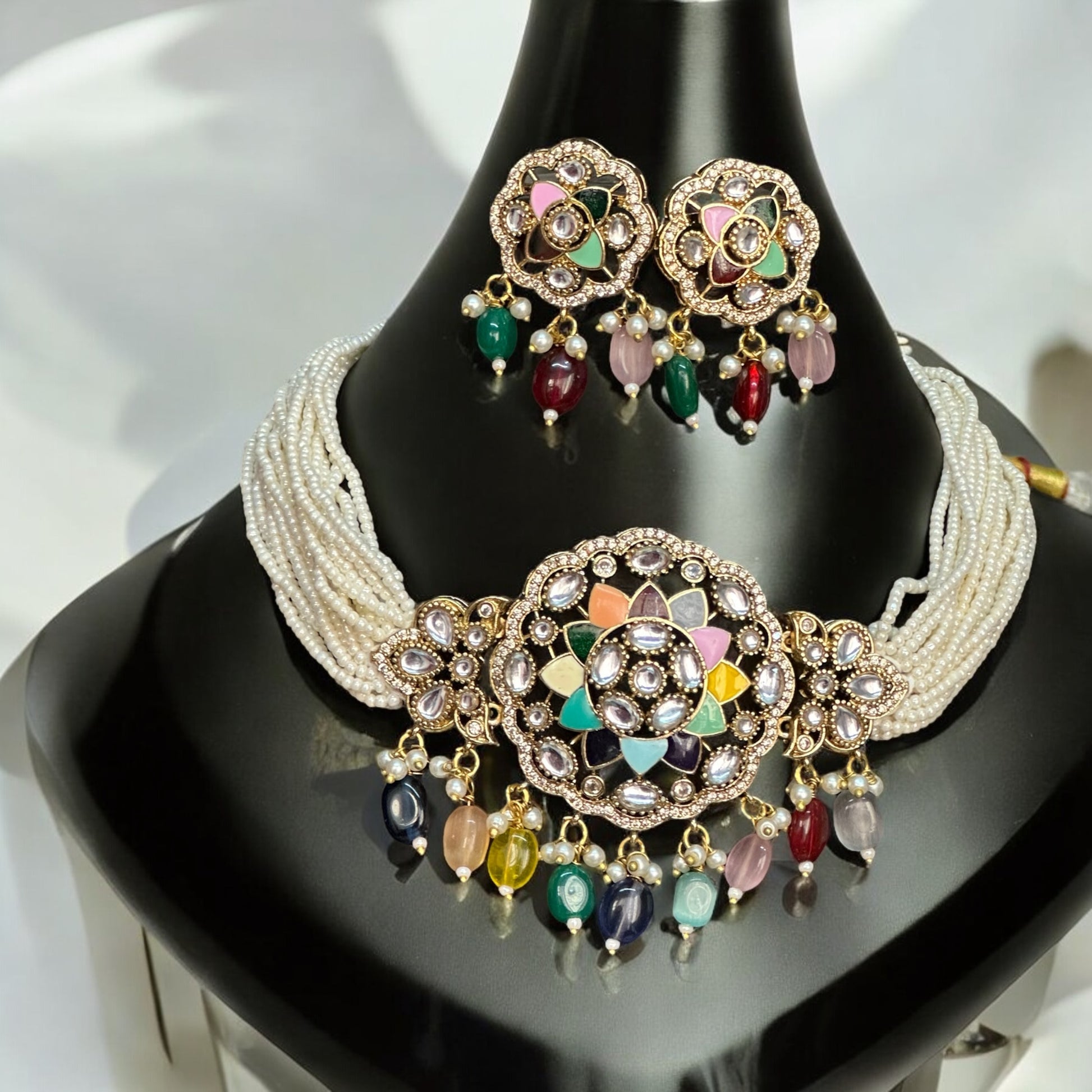 Moissanite Multi-Color Choker Necklace with Earrings – floral centerpiece with multi-colored enamel, pearl strands, and colorful bead drops. Perfect for festive and cultural occasions.