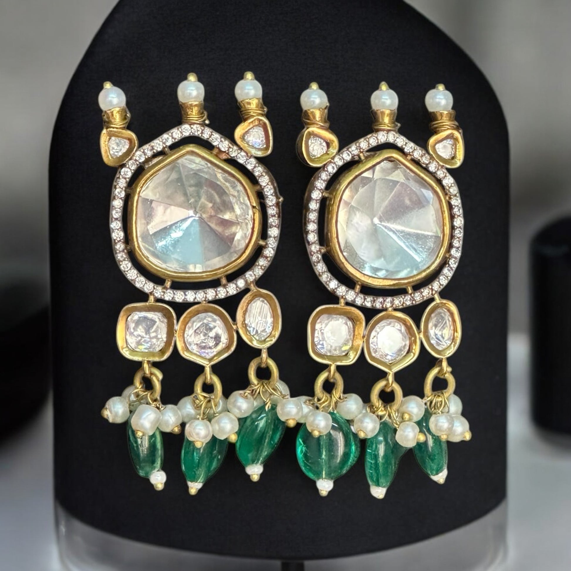 Premium Moissanite Polki Kundan Chokers' Earrings in Green – luxurious matching earrings for choker featuring moissanite polki stones, kundan detailing, pearl accents, and green bead drops. Ideal for weddings and festive occasions.