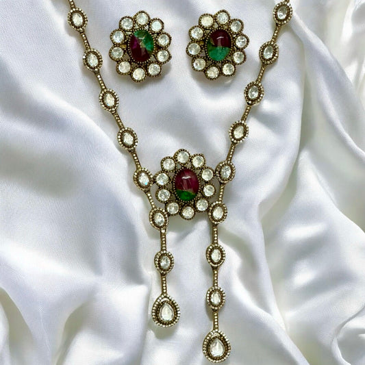 Premium Indian moissanite necklace with double marble stone & studs on white silk background – Bella & Diva
